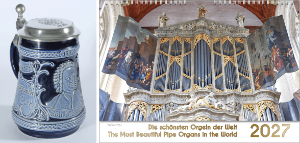 Man sieht 4 querformative sehr bunte Kalender. Links oben ist ein Orgelkalender, rechts daneben musizieren 4 Tierchen, gezeichnet auf einem Kinderkalender, unten links ist Verdi vor Venedig und unten rechts ist ein Bach-Kalender.