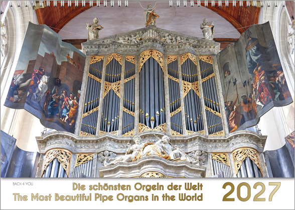 4 Querformat-Musikkalender sind zu einem Rechteck angeordnet. Links oben ist ein Orgelkalender in den Farben weiß/gold, rechts daneben ein Kinderkalender auf dem 3 gezeichnete Tierchen musizieren, links unten Verdi vor der Kulisse von Venedig, rechts Bach
