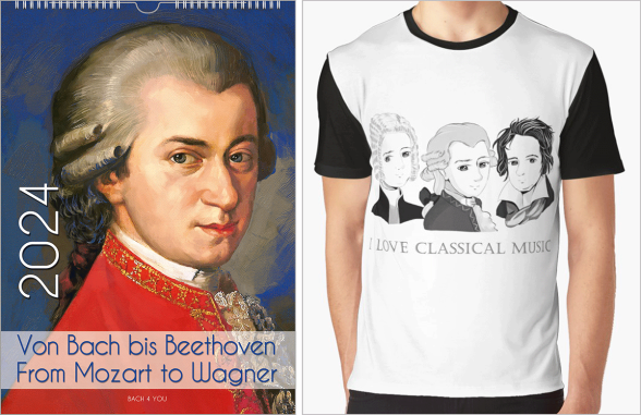 Man sieht einen querformatigen Bach-Kalender. Er besteht aus zwei Anteilen. Auf modernem grauen Grund links ist eine fotografische Geige abgebildet, dahinter fliegende weiße Noten. Rechts ist ein historisches Motiv zu sehen: Bachund das Alte Bach-Denkmal.