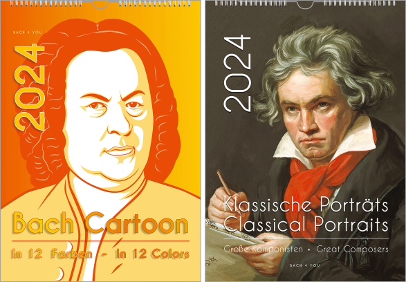 Man sieht einen senkrechten Bach-Kalender. Er ist ultramodern, auf der Basis des Haußmann-Bildes, links oben steht riesig die Jahreszahl. Unten steht der Titel "Bach Cartoon 12 Farben  - In 12 Colors"
