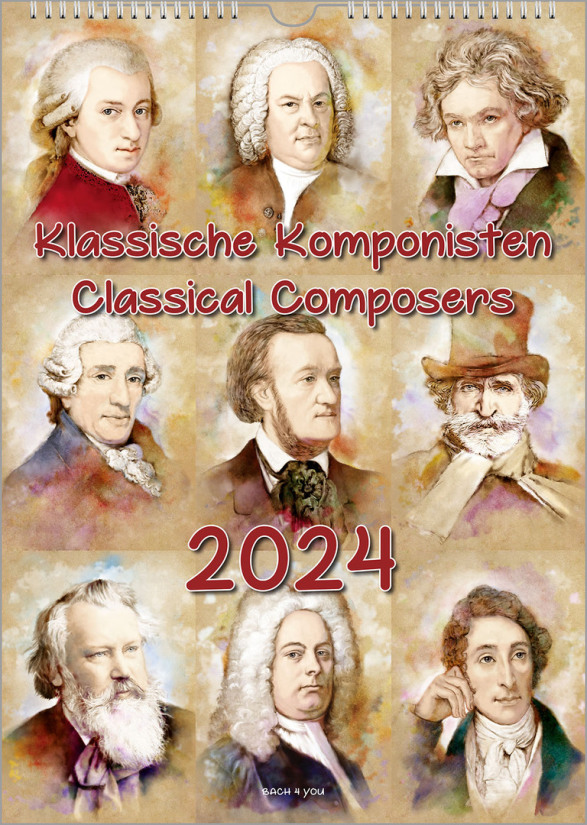 Ein Komponisten-Kalender präsentiert 9 klassische Komponisten. Er ist im Hochformat und hat den Titel - in roter Schrift - "Klassische Komponisten- Classical Composers". Darunter ist die Jahreszahl sehr groß.