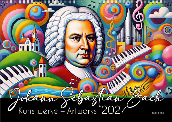 Ein Komponisten-Kalender präsentiert 9 klassische Komponisten. Er ist im Hochformat und hat den Titel - in roter Schrift - "Klassische Komponisten- Classical Composers". Darunter ist die Jahreszahl sehr groß.