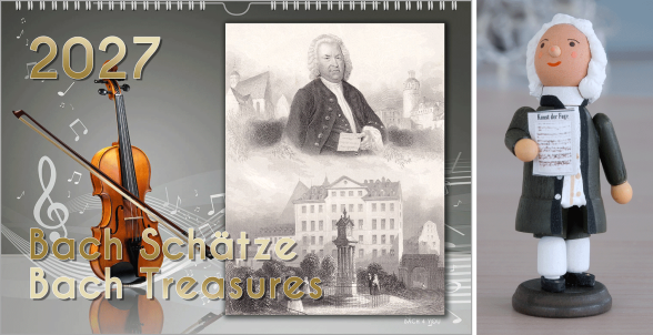 A Bach Calendar, a music calendar, a music gift: on the left side you see a violin on a grey background, on the right side there is a vintage postcard showing Bach. In the lower part is the title of the calendar.