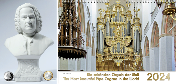 A pipe organ wall calendar is displayed as a landscape format calendar. It's a dream of a white-golden baroque pipe organ, which fills 9/10 of the calendar. The lower part is the title in golden letters on white background.