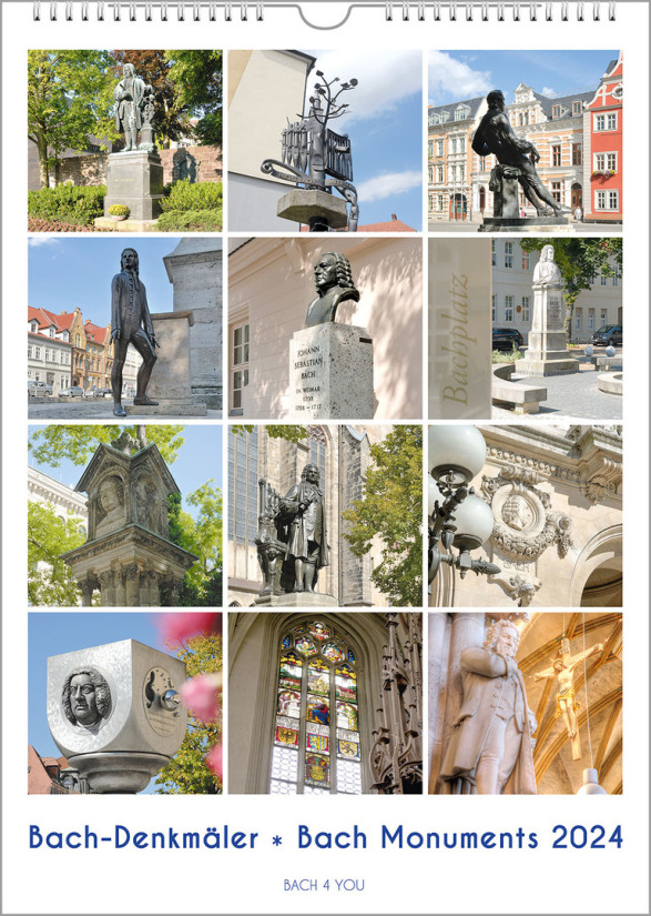 It is a Bach Calendar, better a Bach monuments calendar. The title page is 4 rows with 3 photos each and shows the pictures of 12 Bach monuments. The title is "Bach Monuments"; it is an upright format with the year in the lower right corner.