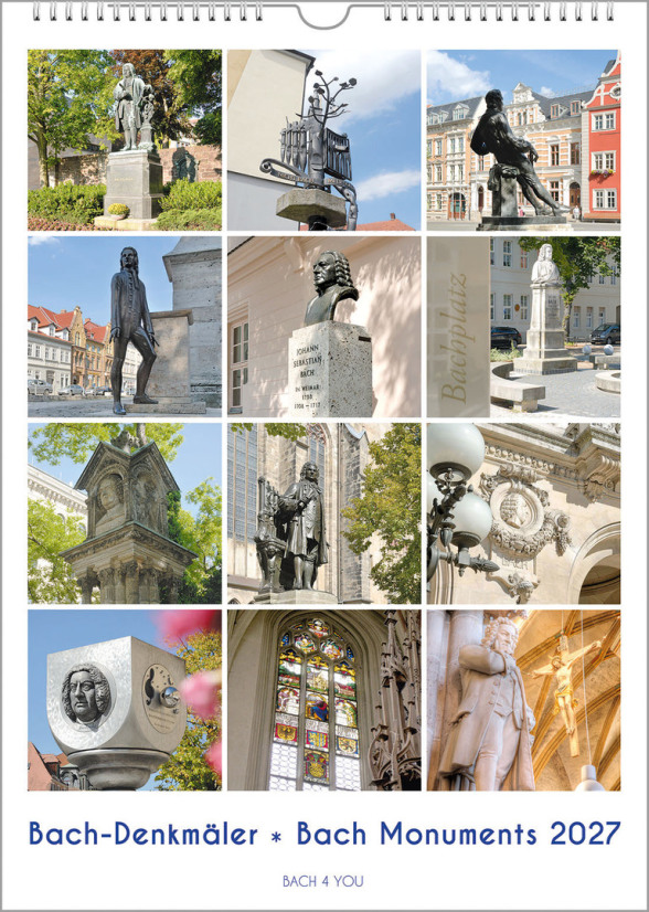 It is a Bach Calendar, better a Bach monuments calendar. The title page is 4 rows with 3 photos each and shows the pictures of 12 Bach monuments. The title is "Bach Monuments"; it is an upright format with the year in the lower right corner.