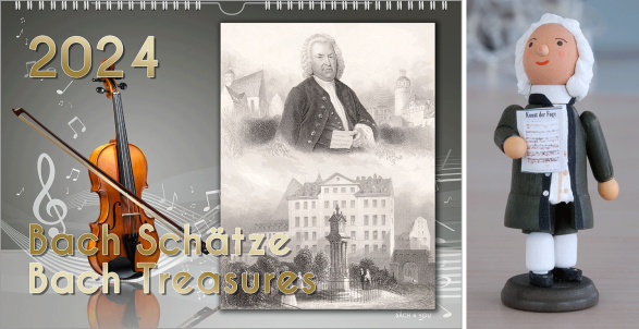 Im Bild ist ein Bach-Kalender dargestellt. Auf der linken Seite sind auf grauem Untergrund eine Geige, ein Bogfen und die große goldene Jahreszahl sowie der Titel "J.S. Bach Treasures" dargestellt. Auf der rechten Seite ist eine alte Postkarte mit Bach im